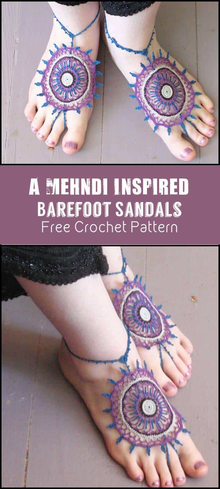 Un patrón de ganchillo gratis de sandalias descalzas inspiradas en Mehndi